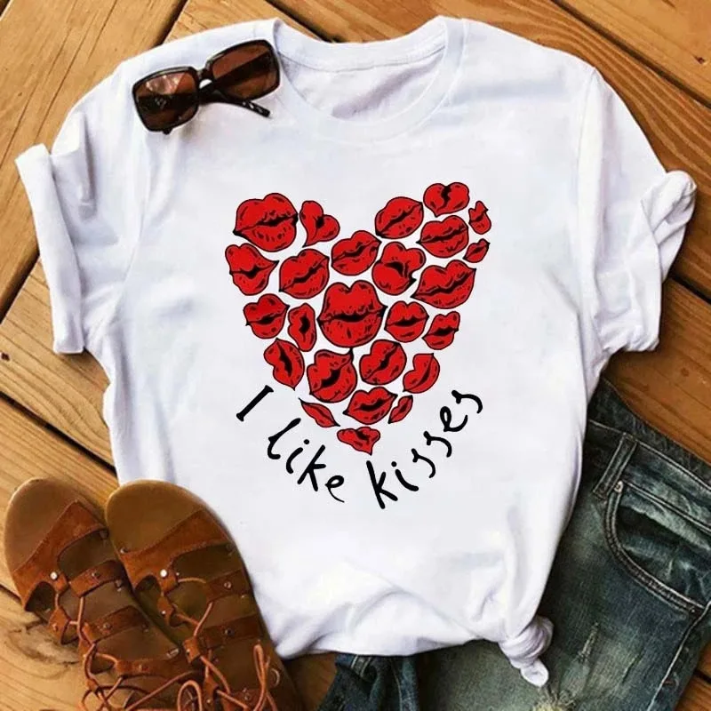 Colorful Heart-shaped Flower Print Women's T-shirt Summer Casual Crew-neck Couple Top Harajuku  Graphic T Shirts  Aesthetic