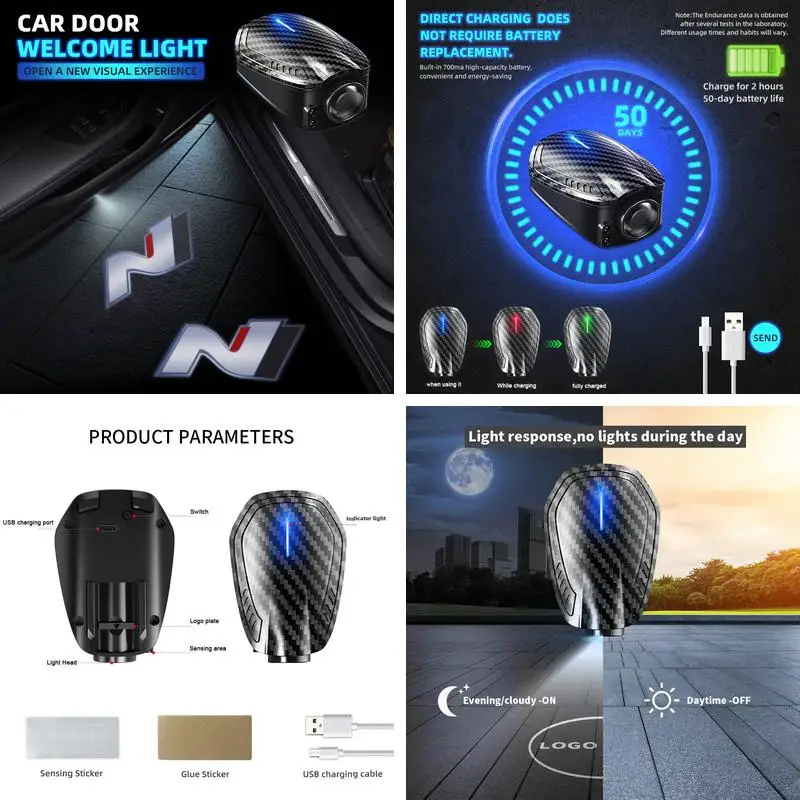 2pcs USB Rechargeable N Logo Car Door HD LED Lamps Projector Courtesy Welcome Lights For Sonata Tucson Elantra I10 i30