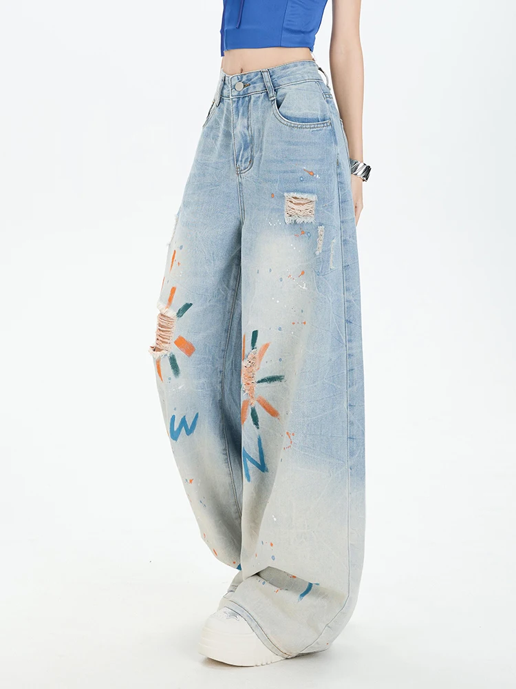 2K American Craft Jeans Women Graffiti Ripped Wide Leg High Waisted Spring Summer Street Floor Versatile Pants