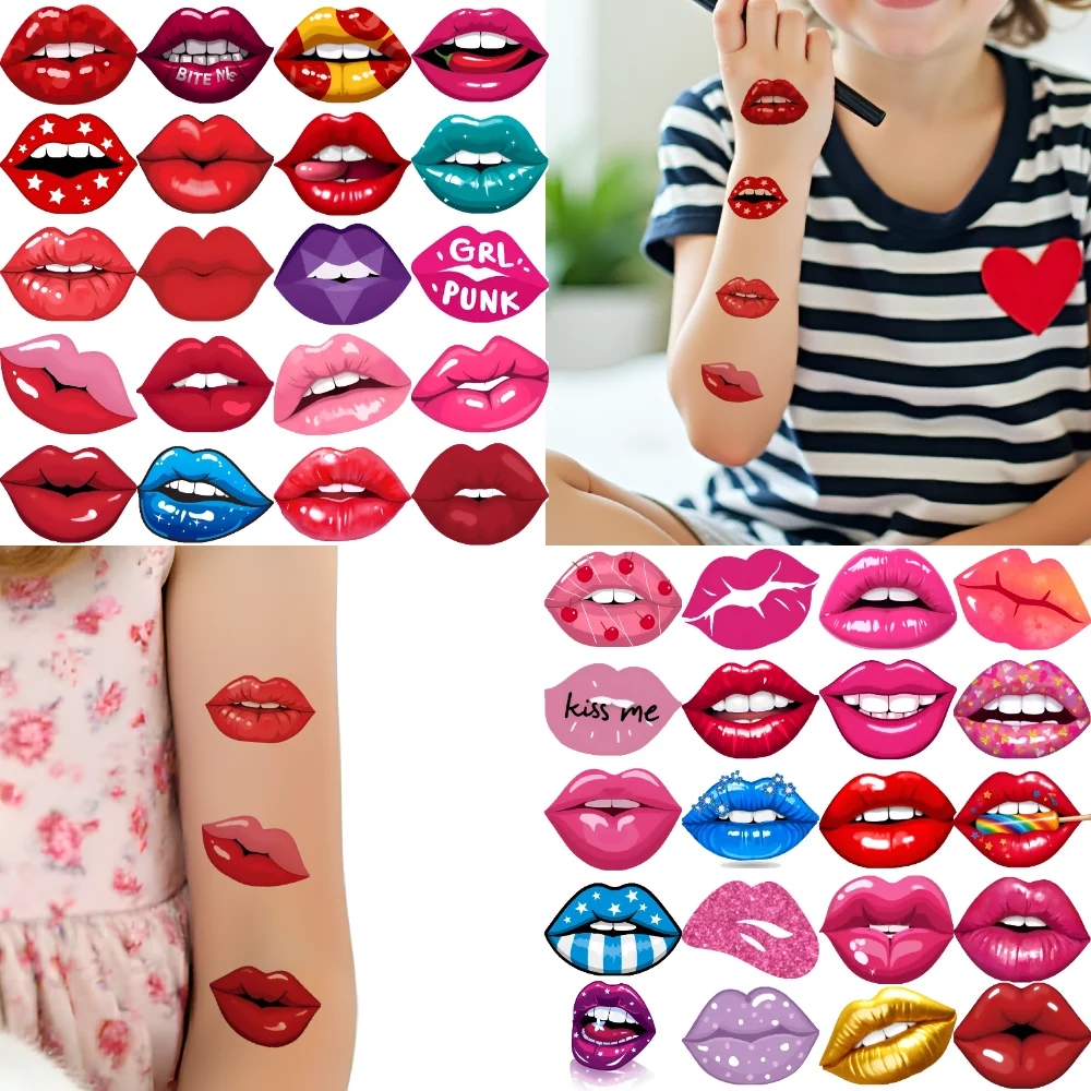 

63pcs Temporary Tattoo Lipstick Patterns Temporary Tattoo Stickers Kiss Graphics Cartoon For Adults Shoulders Boys