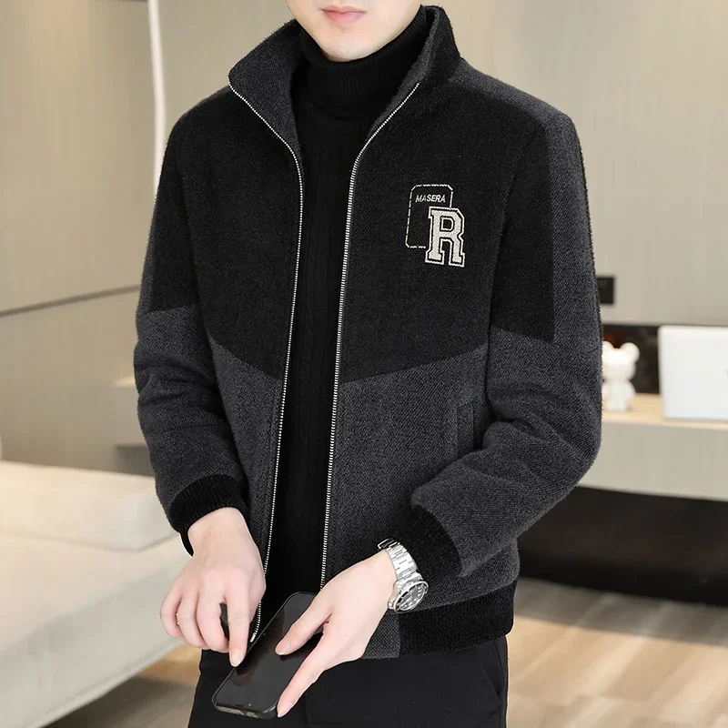 

2023 Winter Korean Fashion Patchwork Woolen Jacket Thickened Warm Stand Collar Trench Coat Slim Fit Casual Business Overcoat