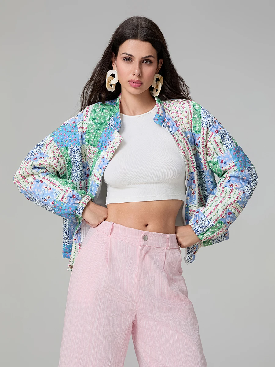 Women's Vintage Floral Puffer Jacket Winter Warm Patchwork Quilted Coat Long Sleeve Button Up Casual Outwear 2024 New Streetwear
