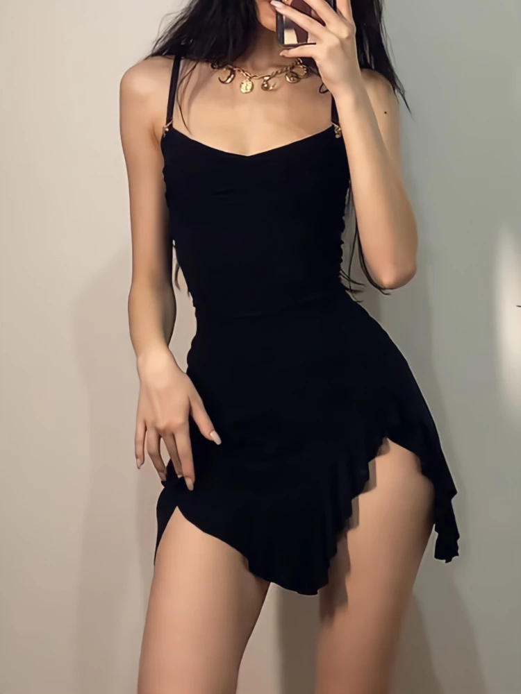 Mini Dress Sleeveless Irregular Vintage Streetwear Ruffle Sundress HOUZHOU Sexy Black Dress Women Summer Bodycon Spaghetti Strap