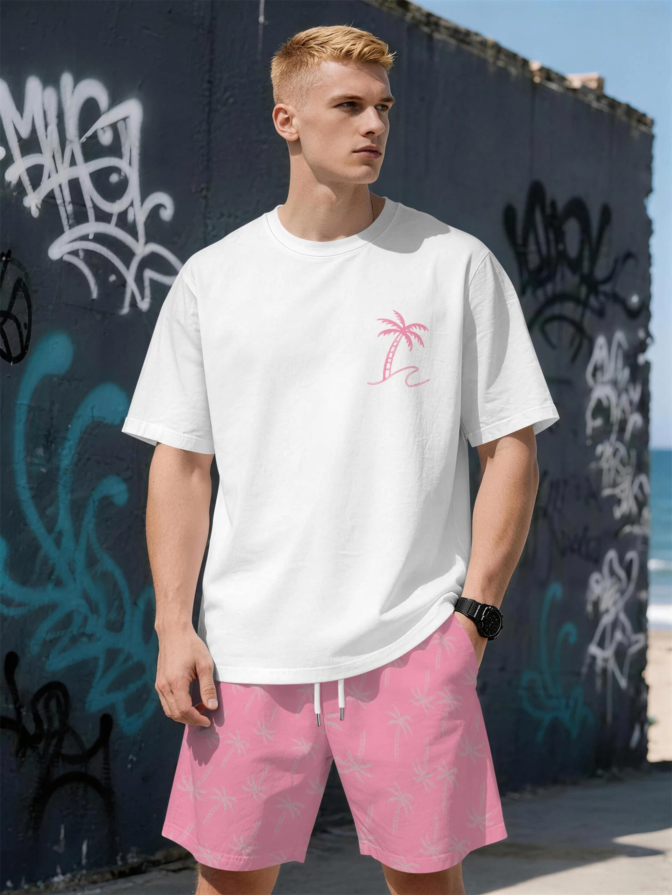 

2026 Summer New Men's Short-Sleeved Set with 3D Coconut Tree Pattern Print - Street Casual Fashion Comfortable and Soft