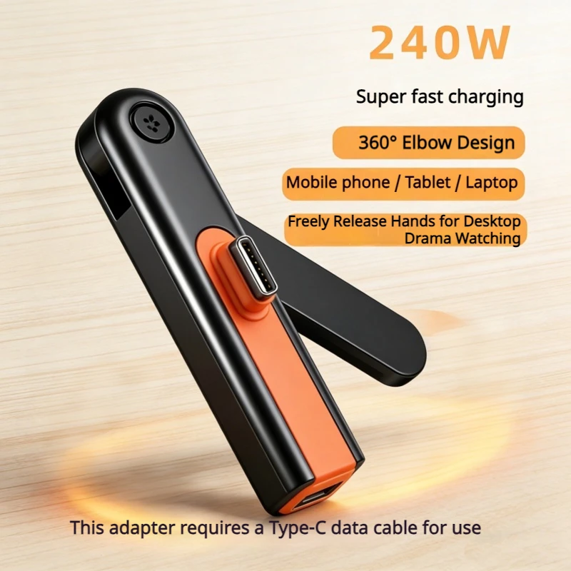 240W 2-in-1 Foldable Stand Charging Data Cable, 360° Rotating & Concealed Detachable for iPhone 17 Pro Max, Huawei, Samsung S26