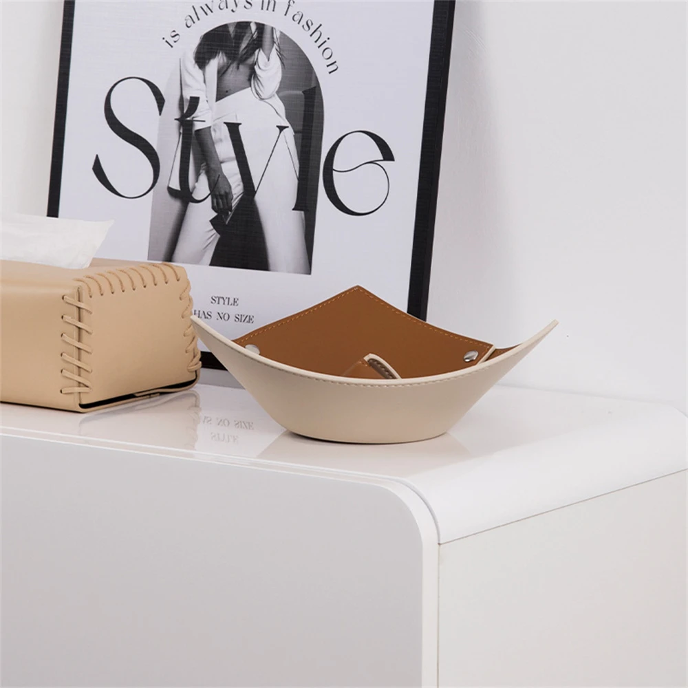 High Quality PU Leather Storage Tray Nordic Desktop Organizer Plate Home Jewelry Key Wallet Makeup Container Pot Home Decoration