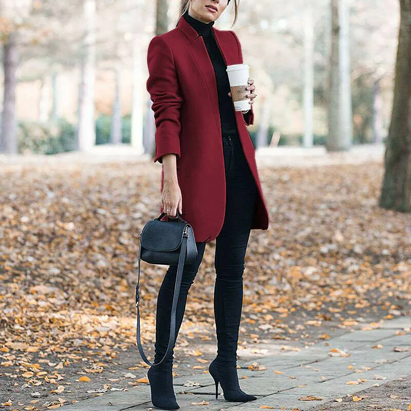 Long Jackets Women Open Fashion Long Sleeve New Europe Pure Color Woollen Coat Women Coats Dropshipping OLN1073