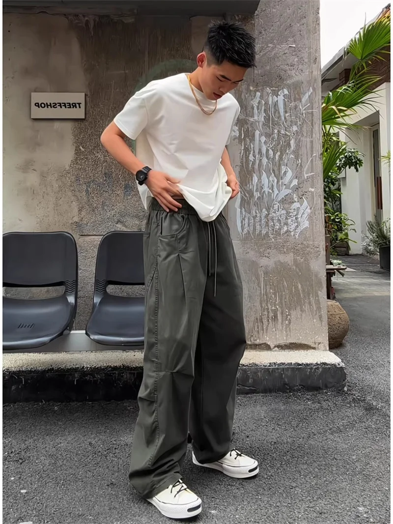 

American Retro Work Pants Men's Autumn Winter Loose Casual Pleated Wide Leg Sports Pants Faionable Urban Sle Cotton Blend
