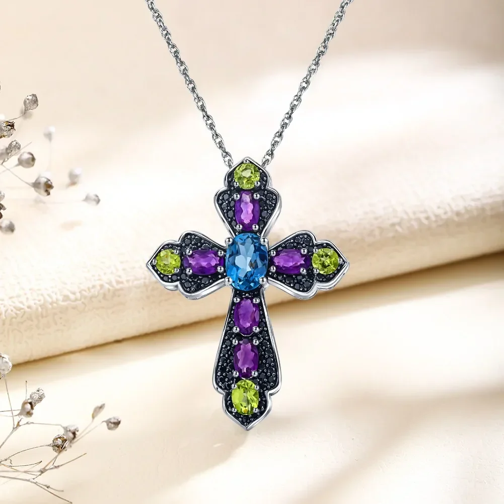 GZ ZONGFA Natural London Blue Topaz&Amethyst&Peridot Cross Pendant Necklace Rhodium Plated 925 Sterling Silver for Women Jewelry