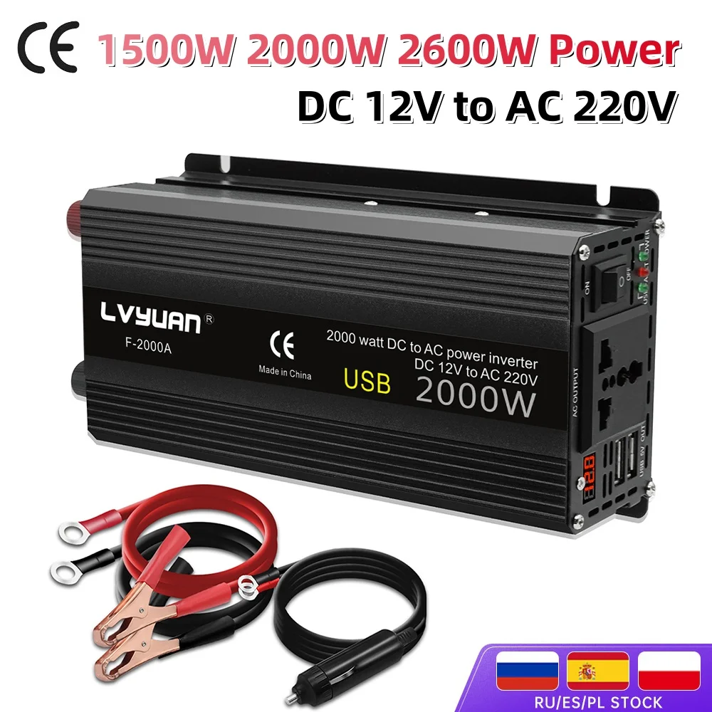 

Inverter DC 12V To AC 220V 50Hz 1500W 2000W 2600W Power With 3.1A Dual USB LED Display Car Solar Converter Universal Socket