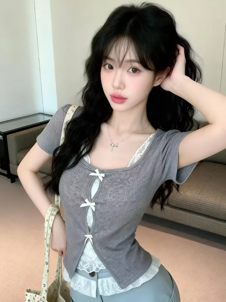 

Sweet Pure Desire Short Sleeve T-Shirt Women's Slim Fit Lace Knot Design Summer New Style City Walk Polyester Fiber
