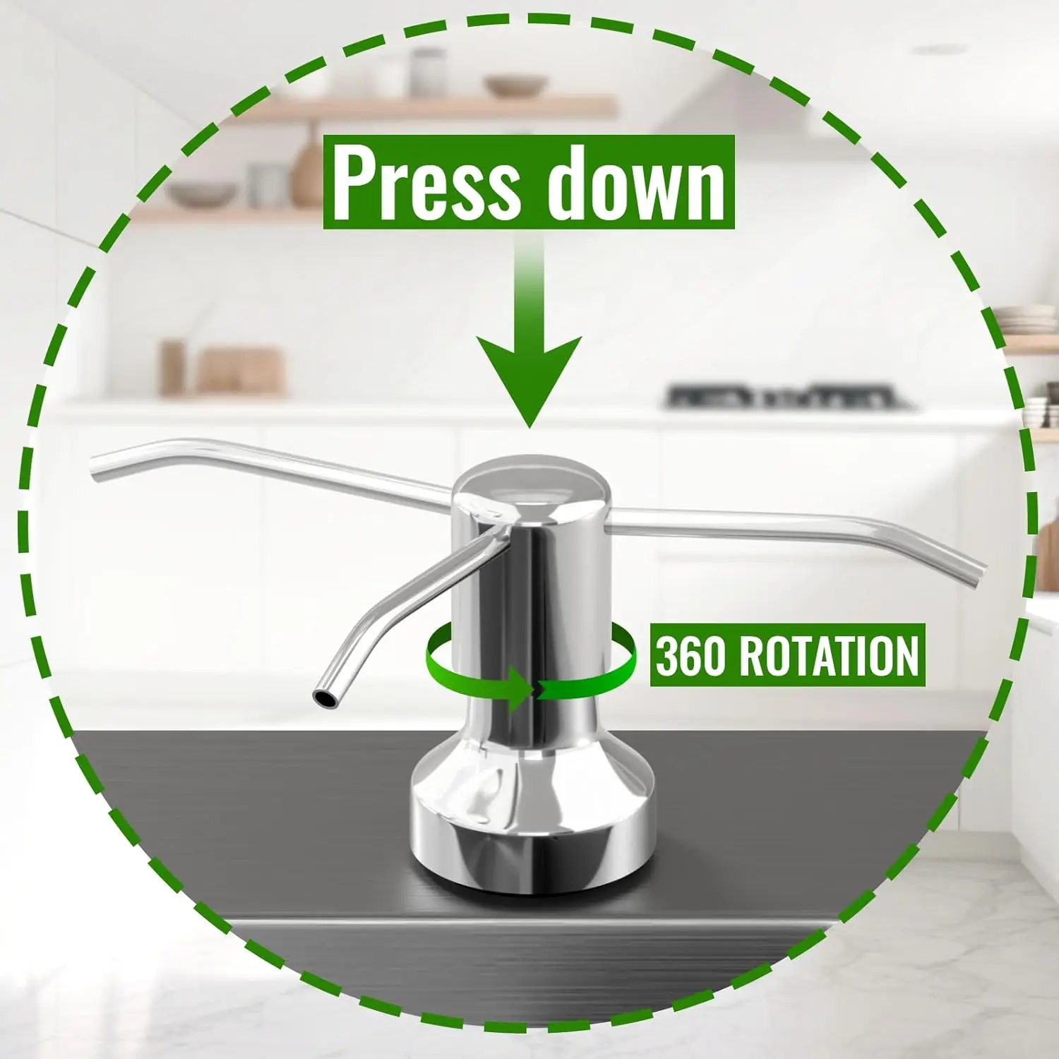 304 Stainless Steel Kitchen Sink Soap Dispenser  Refill from the Top 500ml Bottle Long Threaded Shank Wide Pump Head