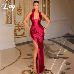 Lily Burgundy Mermaid Sexy Evening Dresses Charming Stain Prom Dress Halter V Neck Party Dresses with Split vestidos de noche