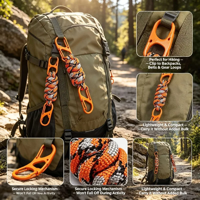 2pcs Hand Woven Paracord Short Pendant Double Ended Shaped Carabiner Multicolor Key Headphone Water Bottle Hook Portable Outdoor