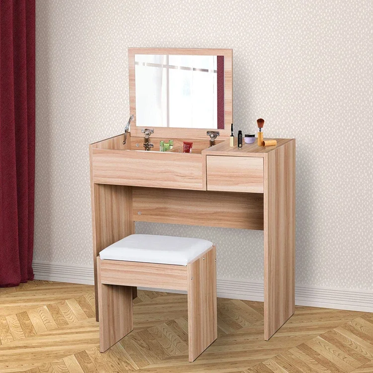 Modern wood grain color dresser set with upholstered stool makeup dresser for bedroom furniture