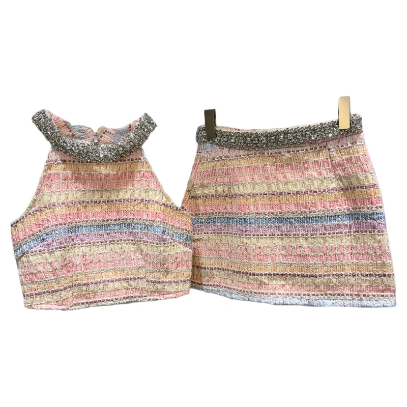 Sweet Woven Tweed Skirt Sets Sexy Girl 2025 Summer New Rhinestone Collar Neck Vest + Skirt Two Piece Sets Womens Outifits