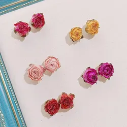 Multicolor Immortal Rose Flower Earrings Handmaking Epxoy Resin Real Rose Stud Earrings Wholesale Rose Jewelry Custom Packaging