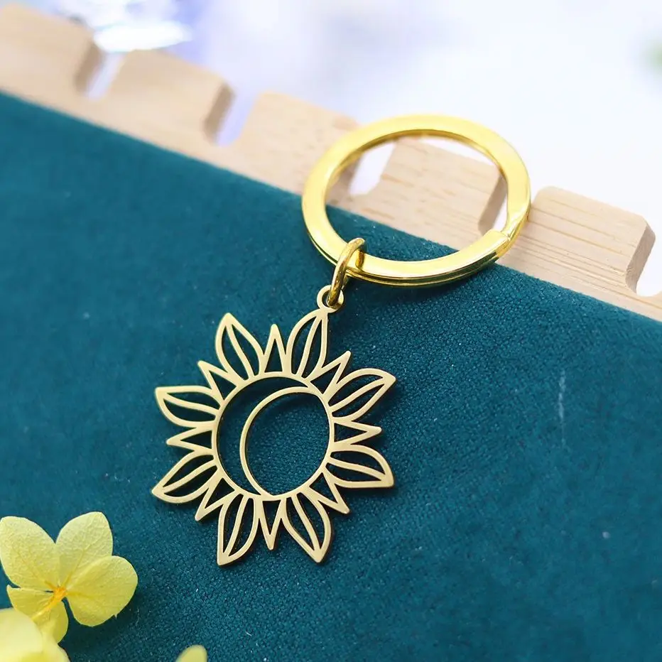 Sunflower Flame Sun Moon Keyring Unique Stainless Steel Pendant Key Chain For Women Man Fashion Decoration Keychain Gifts New