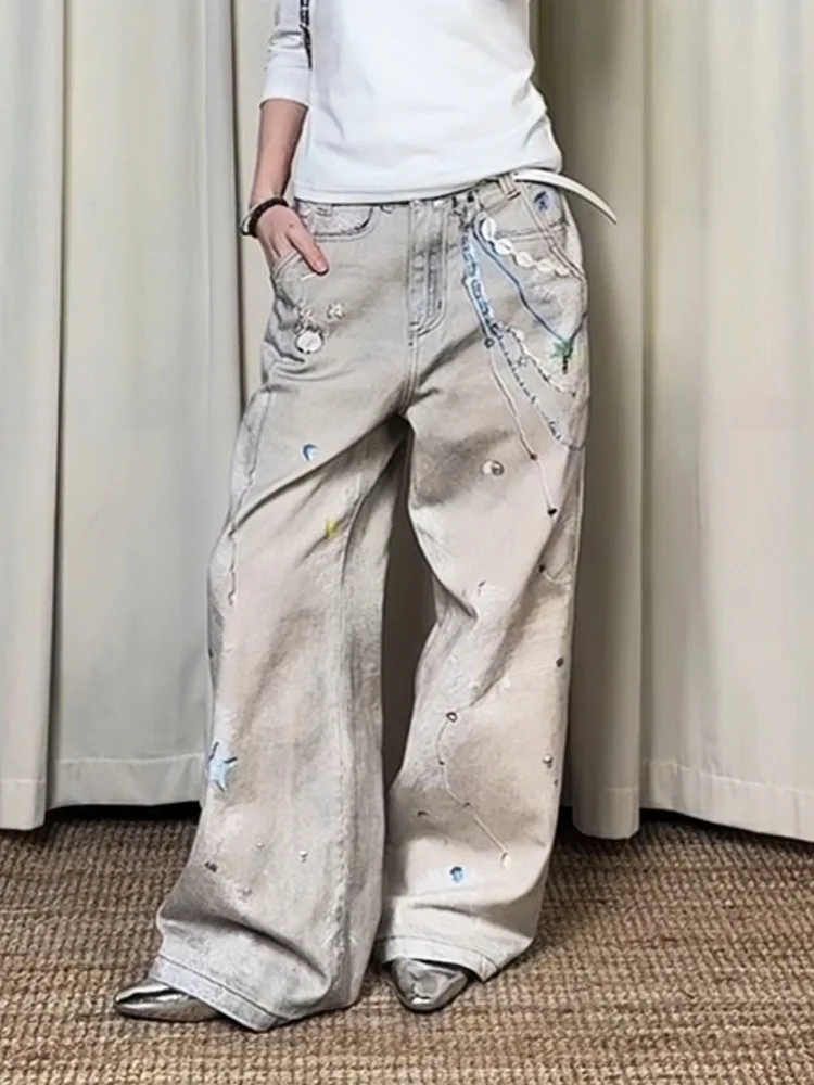 

Джинсы женские в американском стиле с жемчужным кружевным принтом, с высокой талией, широкими штанинами, длинные, винтажные, повседневные, с эффектом потертости