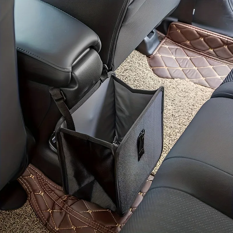 1pc Durable polyester fiber car trash can - Multi-functional folding hanging storage bag, zipper compartment, practical design