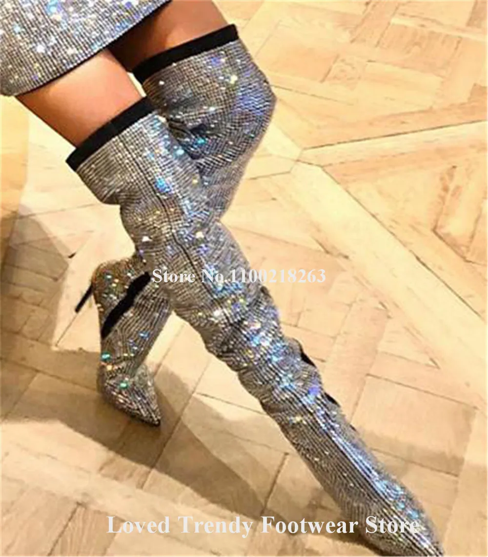 Bling Bling Rhinestones Stiletto Heel Over Knee Boots Pointed Toe Glittering Crystals Black Thin Heel Long Boots Wedding Heels