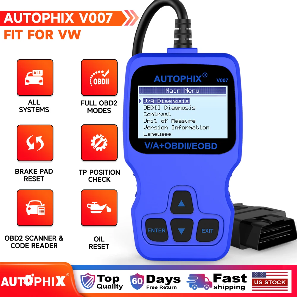 

AUTOPHIX V007 Считыватель кодов Диагностический сканер Сброс масла Положение TP Проверка тормозных колодок Сброс OBD2 Инструмент сканирования для Skoda Seat Golf Pass