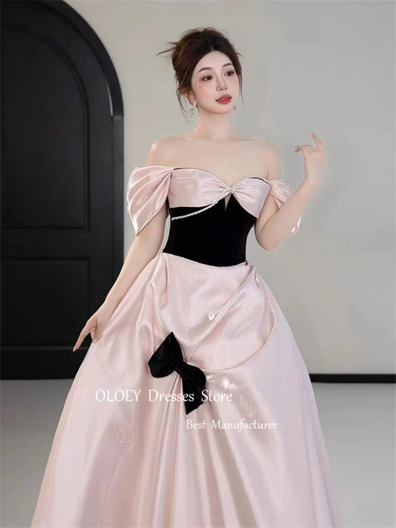 OLOEY-vestidos de noche con hombros descubiertos de princesa rosa, Mangas de sesión de fotos de Corea, vestidos de satén de seda con lazo, vestido de fiesta de boda