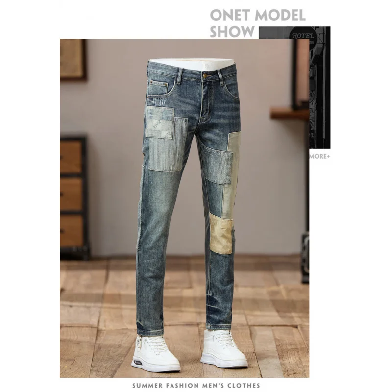Splicing fabric denim jeans for men in autumn 2025, new street trend retro and cool slim fit small leg pants