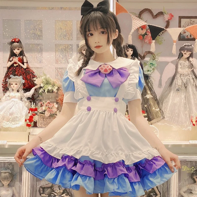 Maid Cosplay Costume Japanese Anime Lolita Maid Apron Uniform Carnival Party Dress For Girl Cute Bow Blue Purple Lace Cake Dress