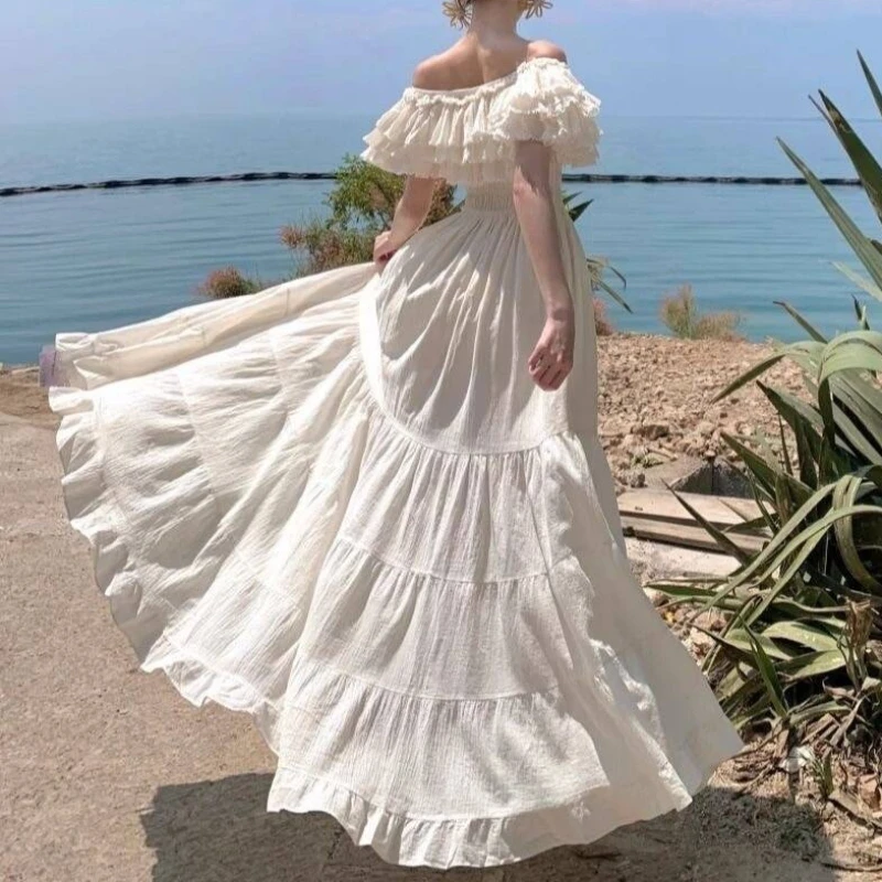 cute summer dresses white CIDER for Women Vacation Woven Collarless Lettuce Trim Knotted Maxi High Waist Beach Dress at Amazon Women's Clothing store line dry MaFYtyTPR Summer Dress For Women