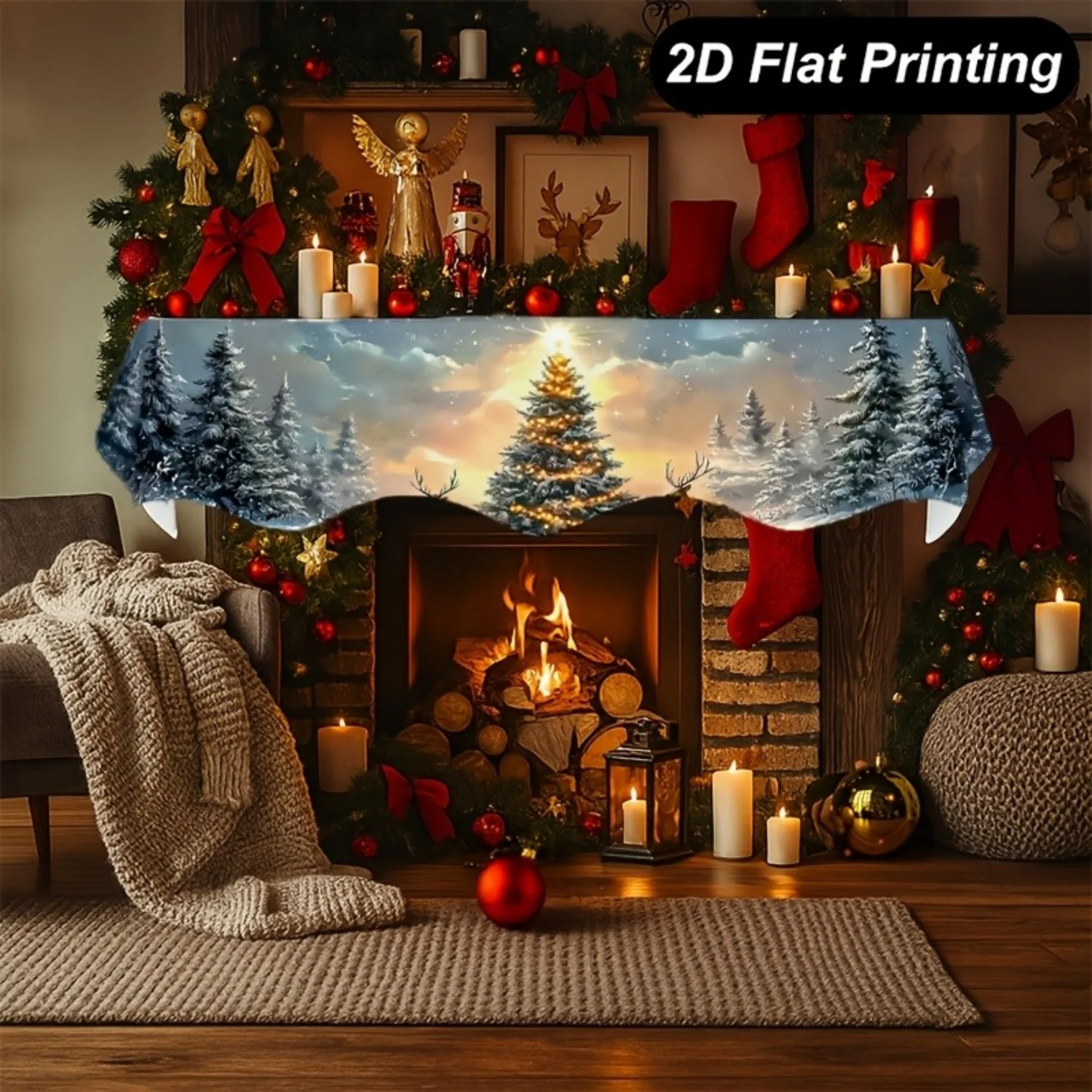 1 Piece of 2D Flat Printed Christmas Fireplace Scarf with Images of a Fireplace, Trees, Snow, Deer, Pine Trees, and Stars, Measuring 78.7X 19.6inch , Suitable for Fireplace Decoration in Living Room and Kitchen
