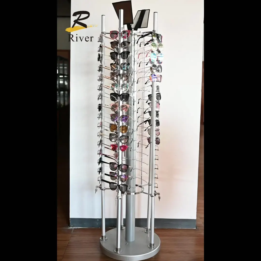 Optical Eyeglass Display Rack Metal Silver  Floor Standing Rotating  Sunglasses display stand With Mirror Lock