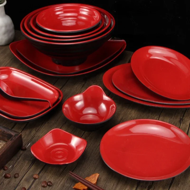 Black and Red Beef Noodle Bowl Commercial Home Kitchen Cutlery Bowl Melamine Ramen Bowl Breakfast Bowl Plastic Plate