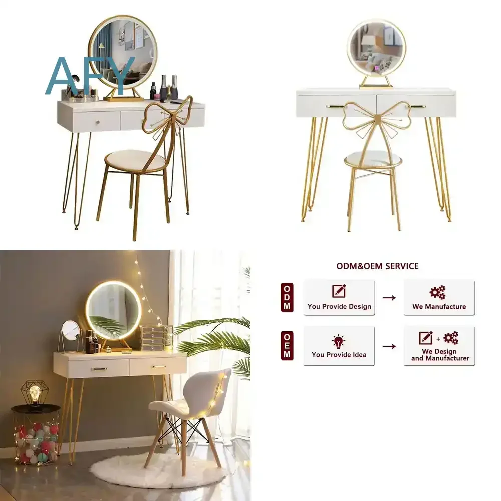 LED Dressing Table Mirror with Drawer for Bedroom Corner Vanity Dresser for iPhone Samsung Laptop PC Office Home Decor