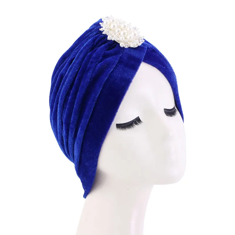 Chapeau Turban en velours pour femmes, perle torsadé, couleur unie, Hijab, chimio, Vintage, couvre-chef élégant