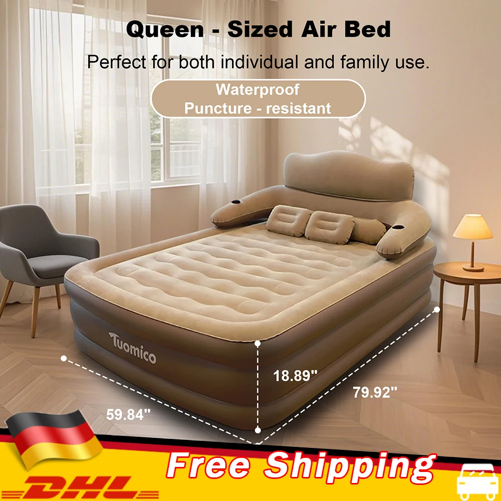 Cama inflable doble, colchón de aire automático grueso y elevado, plegable con almohadas para el hogar, camping al aire libre
