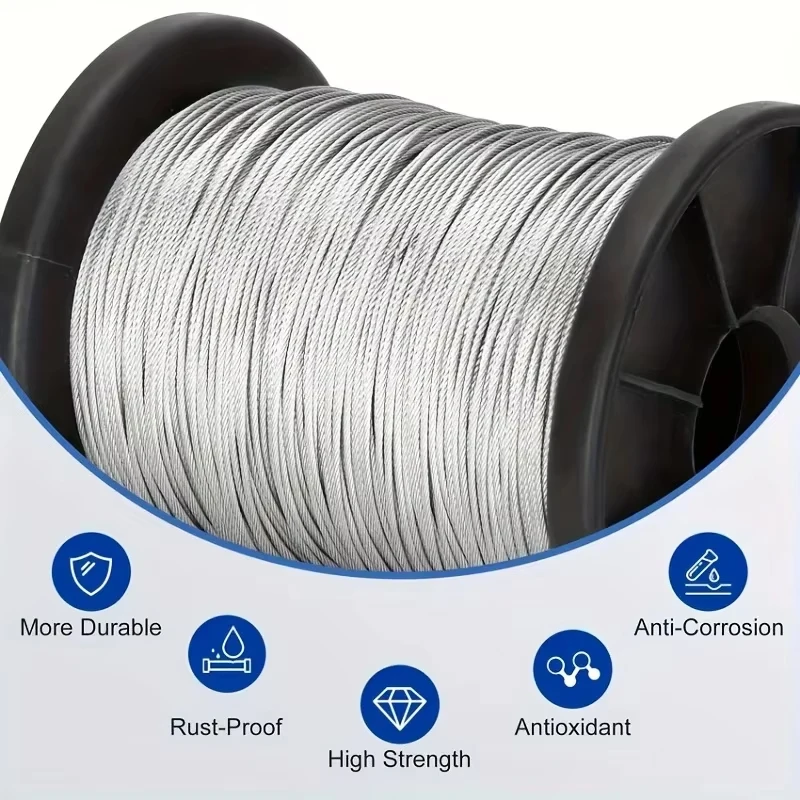 50m/196ft Stainless Steel Wire Rope with 50 Aluminum Crimps, 7x7 Strand Core 304 Cable for Outdoor Hanging, Clotheslines, Garden