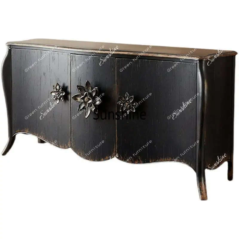 Retro old solid wood inlaid handle side cabinet classical black decoration entrance foyer