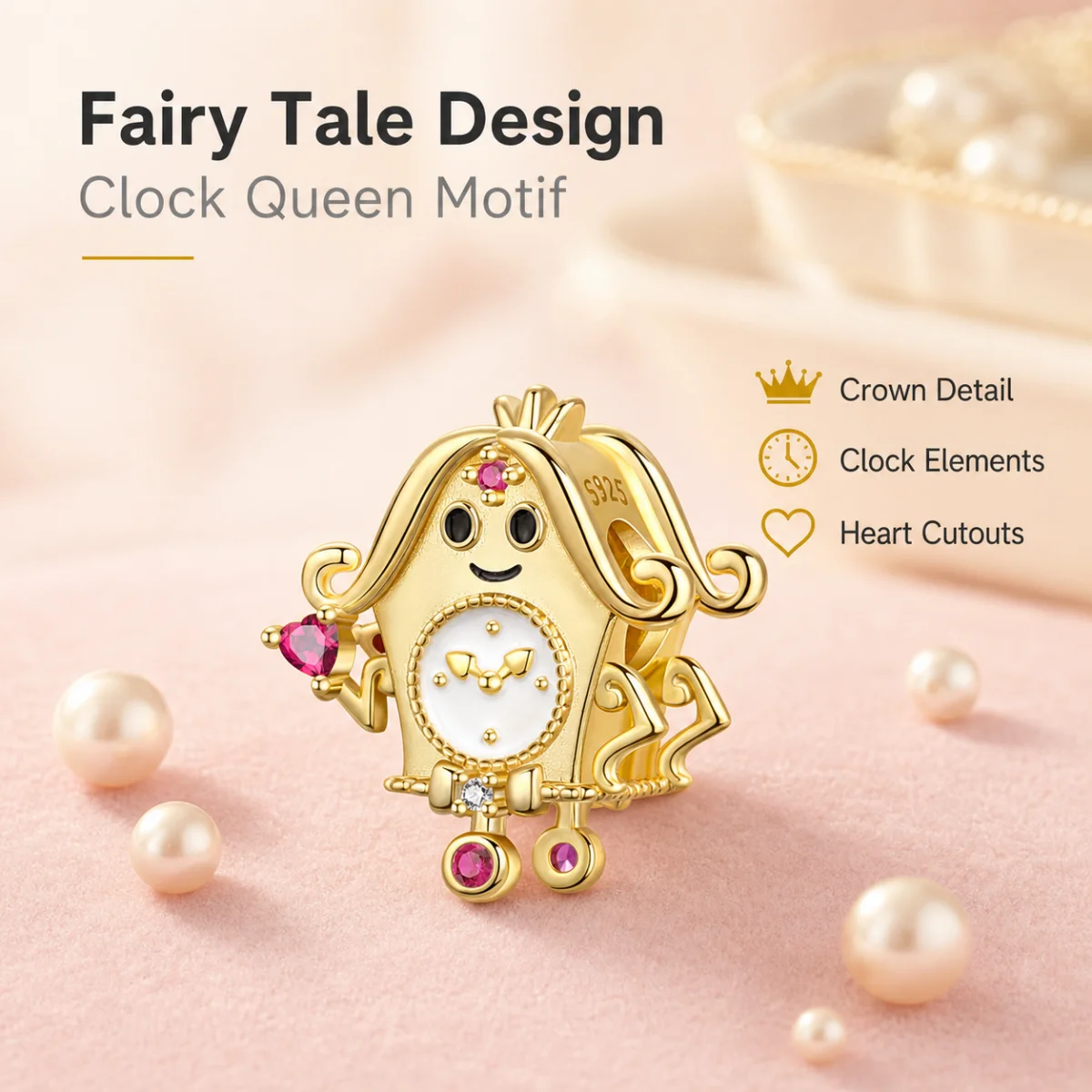 S925 Sterling Silver Charm Fairy Tales Clock King Queen Bead Pendant Plated with 18K Gold For Bracelet DIY Jewelry Making Gift