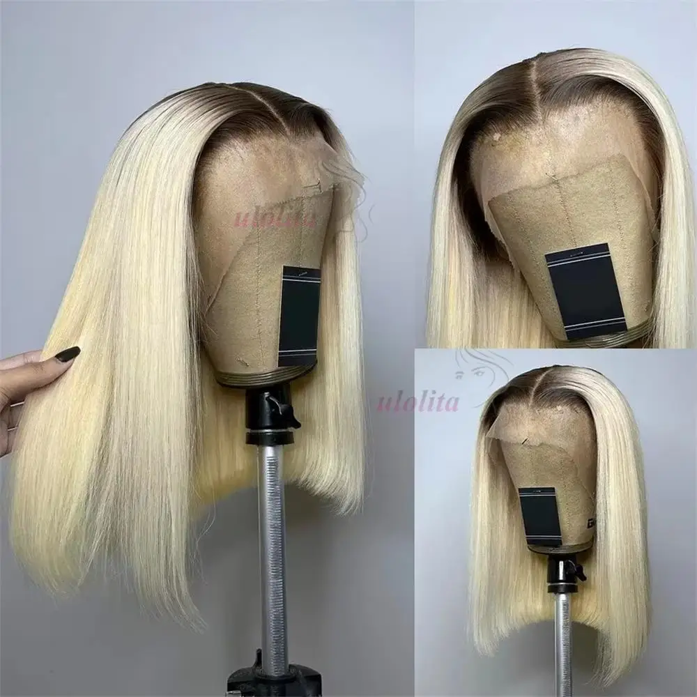

Ombre 1B/613 Honey blonde Human Hair Wigs for Black Women Short Straight Bob 13x4 Lace Frontal Wigs 180% Density Lace Front Wig