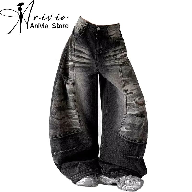 Women's Gothic Spliced Black Denim Jeans Y2K Harajuku High Street 2000S plus Size Loose Wide Leg Long Trousers Streetwear 2026