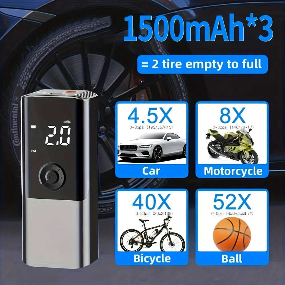 Pompe à air électrique sans fil ultra portable pour voiture, gonflage instantané de l'opathie et au-delà de la lumière LED, utilisation sûre toute la journée et toute la nuit