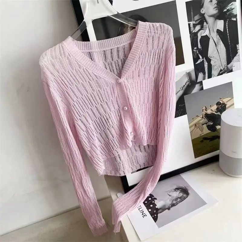 Open Front Women  Thin Sun-protect Solid Cardigan Coat Jackets Short Sleeve Korean Thin Knitted Shirt Female Cropped Top Outwear