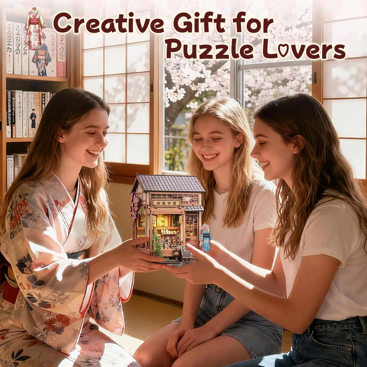 ชุดบ้านจิ๋ว DIY สไตล์ญี่ปุ่นสำหรับผู้ใหญ่ - ร้านซากุระกิโมโน ชั้นวางหนังสือ ไดโอรามา 3 มิติ ของขวัญตัวต่อ