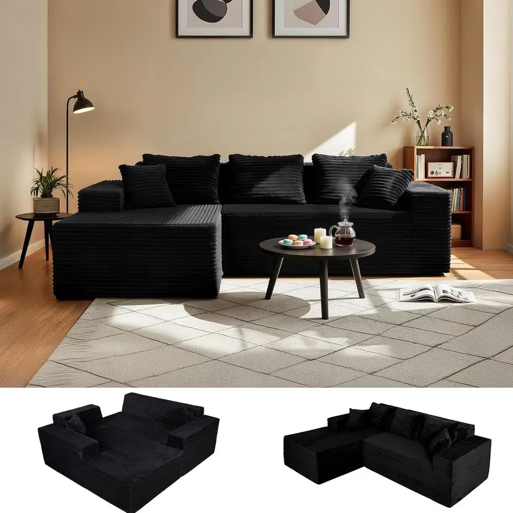 L-Shaped Corduroy Sectional Sofa, Deep Seating, Cloud Comfort Couch, Living Room Furniture, Black, Chaise Included, No Assembly