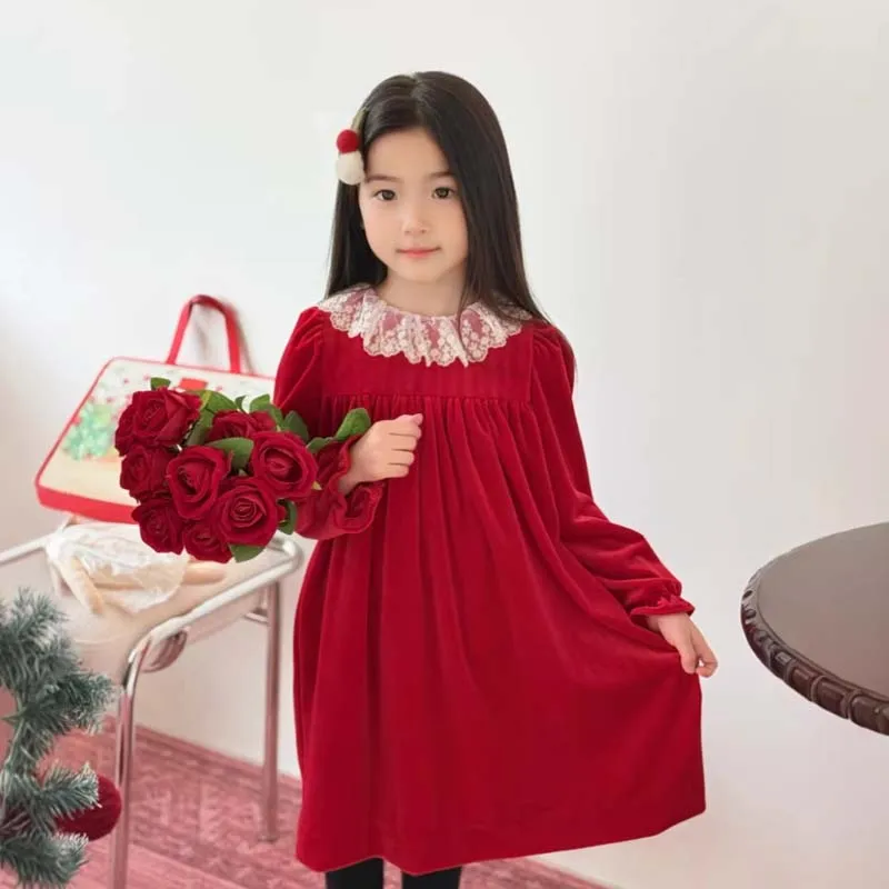 

In Stock 2026 Spring BP Baby Girls Dress Kids Dresses for Birthday Girls Kids Red Velvet Lace Dress Children Clothes Christmas