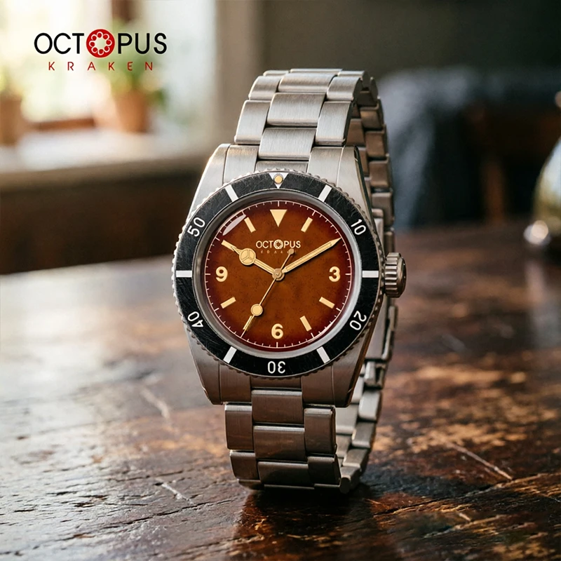 Montre rétro Octopus Kraken 37mm PT5004, mouvement automatique C3 Lume, cadran tropical vintage, acier inoxydable, montre de plongée 20 bars pour hommes