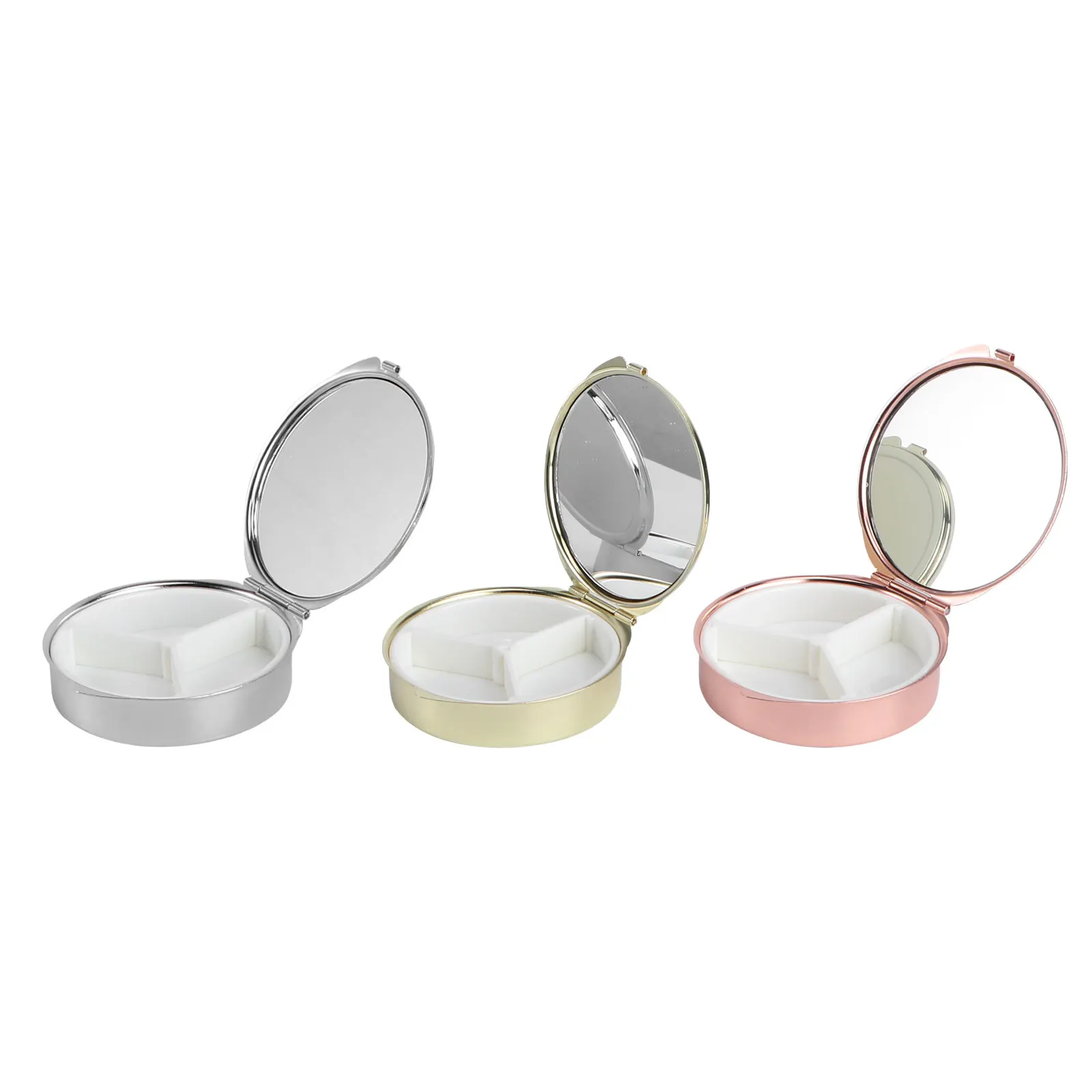 

Набор из 3-х круглых портативных металлических органайзеров для лекарств с зеркалом, 3-секционный герметичный контейнер для хранения таблеток, витаминов, для путешествий