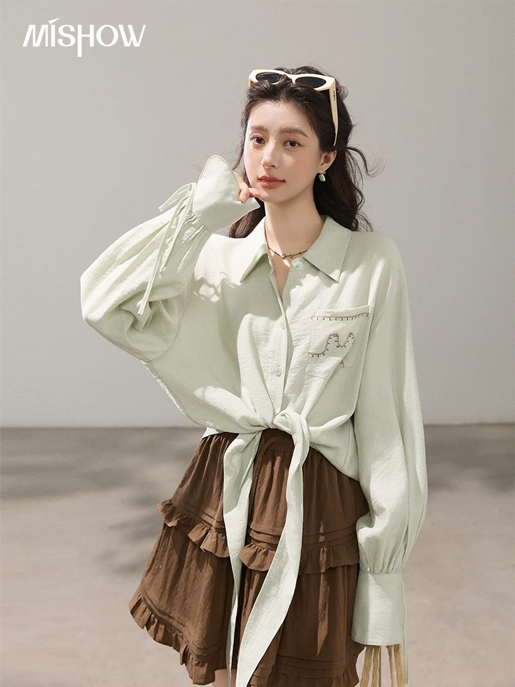 MISHOW Bamboo Texture Shirt 2026 Spring New Loose Top Adjustable Lace-up Cuff Dropped Shoulder Design Green Blouses MXF15C2456