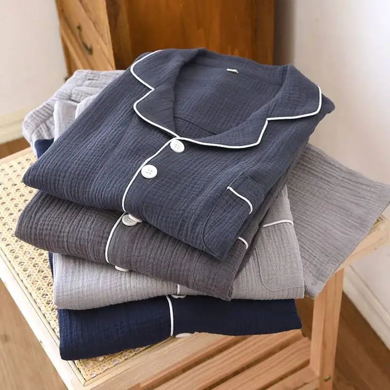 

Хлопковые тонкие мужские брюки, свободные весенне-осенние двухслойные марлевые пижамы большого размера, однотонный мужской пижамный комплект